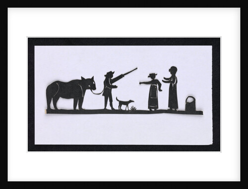 Silhouette of a man leading a bear with a dog meeting up with two women, cut out and placed on yellow backround by unknown
