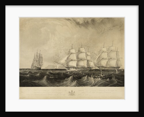 This print representing the East India Ship 'Vernon', Geo. Denny, Commander, on her voyage out, fitted with a Steam Engine of 30 horse power, passing HM ships Edinburgh & Blenheim 74 beating down Channel on the 21st of September 1839 off Benbridge [sic, i by W. O. Geller