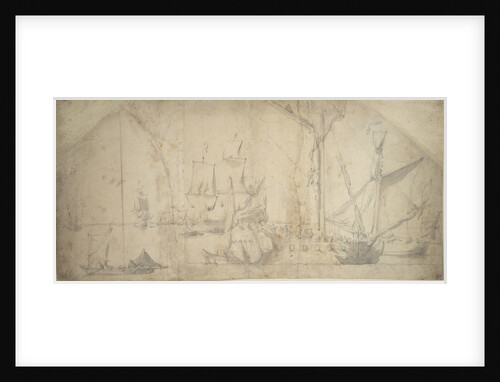 An English yacht at anchor furling sail by Willem van de Velde the Elder