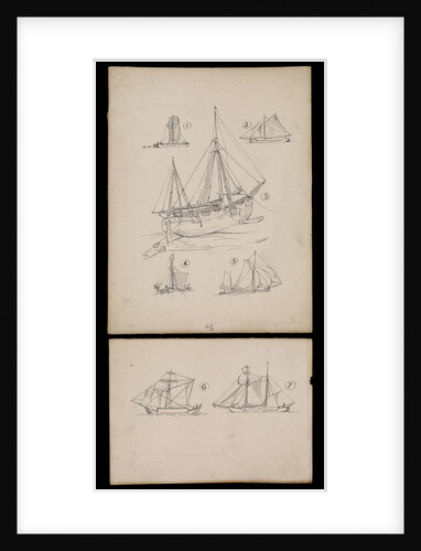 Seven illustrations on two cards regarding article on 'Trows ' in Mariner's Mirror by Robert Morton Nance