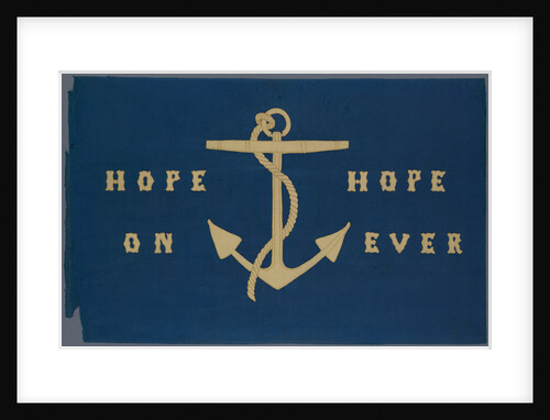 Sledge flag with anchor design and embroidered 'Hope On' 'Hope Ever' by Lady Jane Franklin