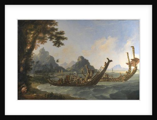 The war boats of the island of Otaheite (Tahiti) and the Society Isles, with a view of part of the harbour of Ohaneneno, in the island of Ulieta, one of the Society iIslands by William Hodges