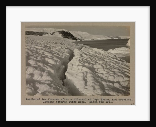 Weathered ice after blizzard at Cape Evans, and crevasse, looking towards Turks Head. by Herbert George Ponting