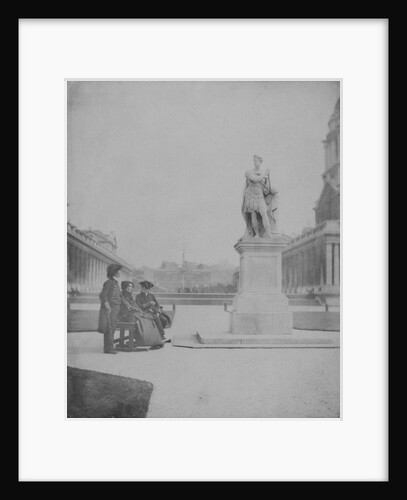 Two Greenwich Pensioners with a female companion beside Rysbrack’s statue of George II. Inversed digital file to create b&w positive. by William Henry Fox Talbot; Calvert Richard Jones