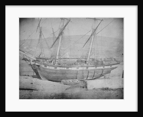 A brigantine and brig grounded with lines ashore. Inversed digital file to create b&w positive by Calvert Richard Jones