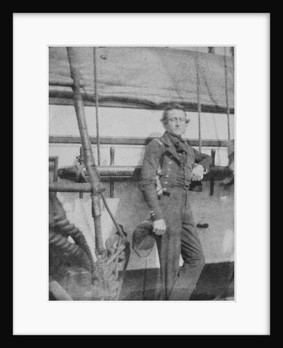 An unidentifed naval officer(?) standing by the belaying pin rail on the port side of the 80-gun three-decker HMS 'Superb' (1842). Inversed digital file to create b&w positive by William Henry Fox Talbot; Nicolaas Henneman