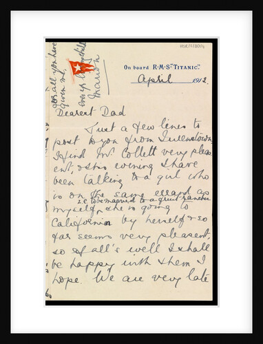 Letter from Marion Wright to her father, written onboard 'Titanic' on RMS 'TITANIC' headed paper by Marion Wright