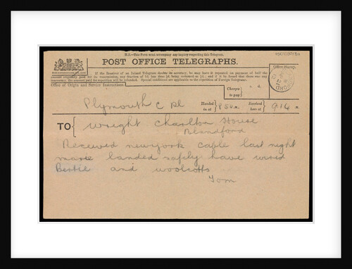 Telegram to Marion Woolcott's father, stating she had landed safely in New York following the 'Titanic' disaster by Marion Wright