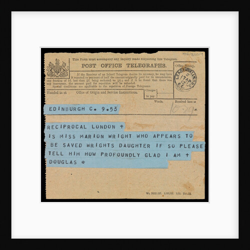 Telegram addressed to Marion's father, hopes Marion Wright listed as saved from 'Titanic' is their daughter by Marion Wright