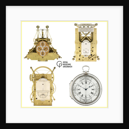 A compilation image featuring John Harrison's timepieces, H1 (ZBA0034), H2 (ZBA0035), H3 (ZBA0036) and H4 (ZBA0037) by National Maritime Museum