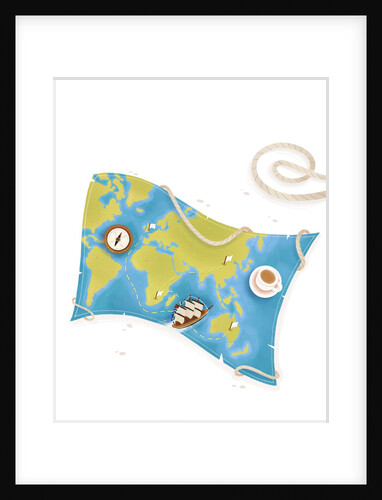 Children's book 'At Sea Without Tea - The Great Cutty Sark Adventure': Map with Cutty Sark, compass, and cup of tea by Giulia Casarotto