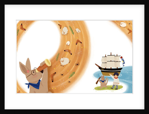 Children's book 'At Sea Without Tea - The Great Cutty Sark Adventure': Ozzie (Oz) Kangaroo looking through a telescope looking for tea by Giulia Casarotto