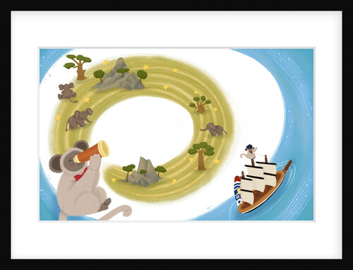 Children's book 'At Sea Without Tea - The Great Cutty Sark Adventure': Vervet the monkey looking through a telescope for tea by Giulia Casarotto