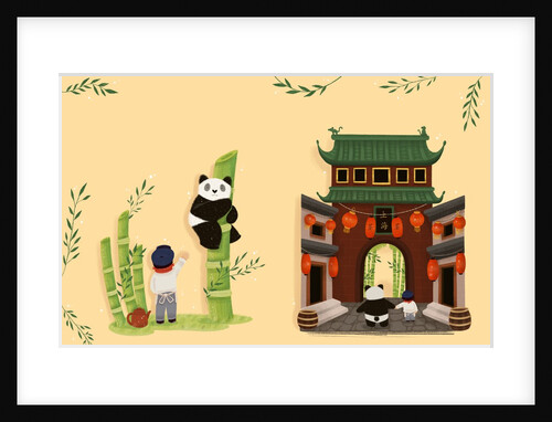 Children's book 'At Sea Without Tea - The Great Cutty Sark Adventure': Dinah the panda climbing down from the trees. James and Dinah in front of Chinese building. by Giulia Casarotto