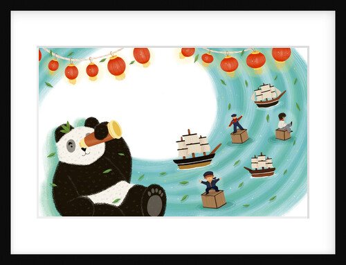 Children's book 'At Sea Without Tea - The Great Cutty Sark Adventure': Dinah the panda looking through a telescope and she can see tea by Giulia Casarotto