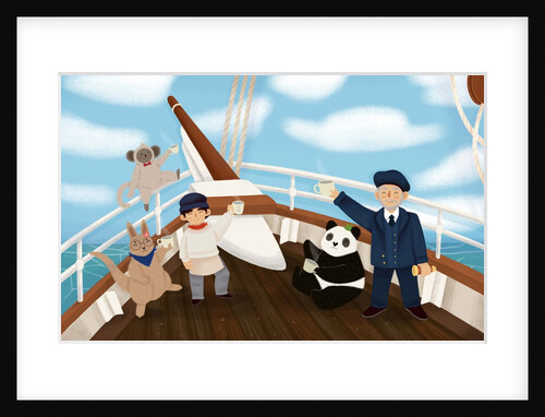 Children's book 'At Sea Without Tea - The Great Cutty Sark Adventure': James Robson, Dinah the panda, Vervet the monkey, and Oz the kangaroo all drinking tea on board Cutty Sark by Giulia Casarotto