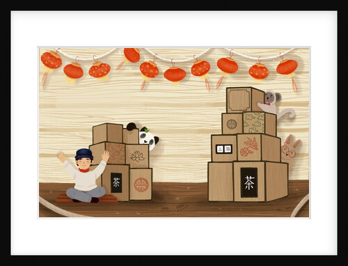 Children's book 'At Sea Without Tea - The Great Cutty Sark Adventure': James Robson, Dinah the panda, Vervet the monkey, and Oz the kangaroo amongst the tea chests on board Cutty Sark by Giulia Casarotto