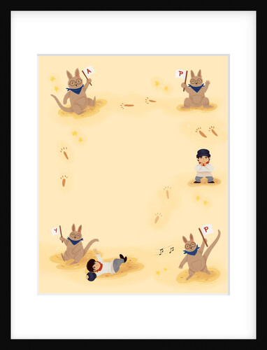 Children's book "At Sea Without Tea - The Great Cutty Sark Adventure": Ozzie (Oz) Kangaroo and James Robson singing and hopping around. by Giulia Casarotto