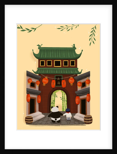 Children's book "At Sea Without Tea - The Great Cutty Sark Adventure": James and Dinah in front of Chinese building by Giulia Casarotto