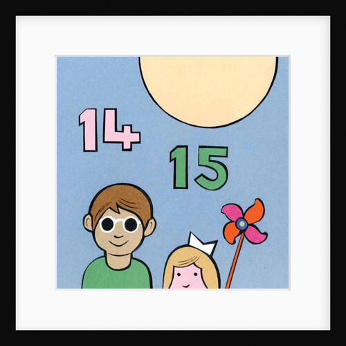 14 and 15. The sun, A girl with a windmill toy and a boy children graphic by Anonymous