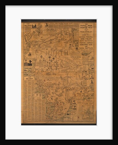 The naval war in the North Sea compiled by Albert Close sold by Edward Stanford Ltd showing principal mine-fields Zepps destroyed position of German submarines sunk and naval battles by Albert Close