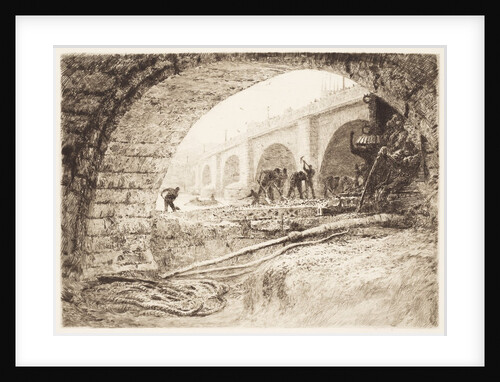 London Bridge, and tip of tower of Southwark Cathedral, from north bank of River Thames (site of Adelaide House) with workmen under archway by Unknown