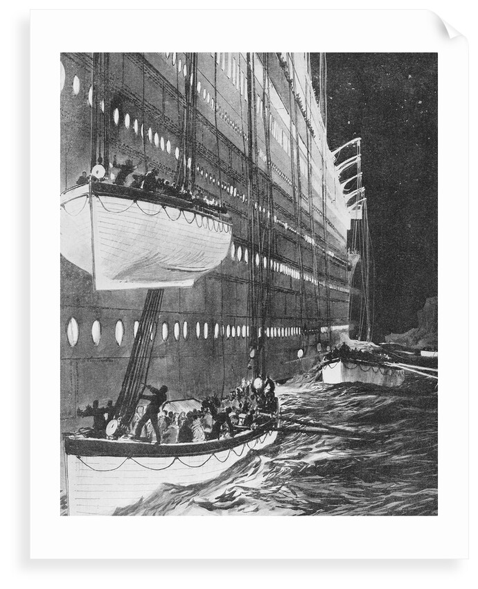 Starboard side of the 'Titanic' looking forward showing lifeboats leaving by Charles Dixon