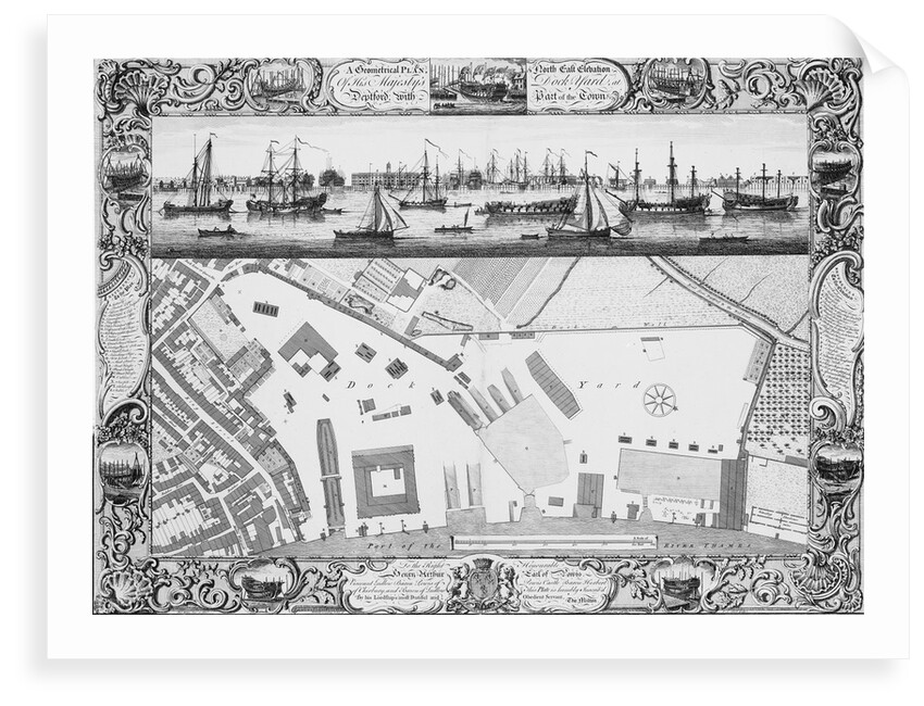 A Geometrical Plan, & North East Elevation Of His Majesty's Dock Yard, at Deptford, with Part of the Town &c by Thomas Milton; Pierre Charles Canot