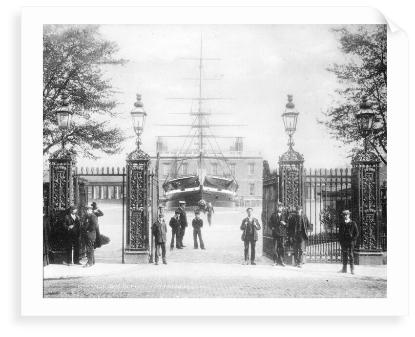 Entrance to Greenwich Hospital School with the drill ship 'Fame' and Queen's House beyond by unknown