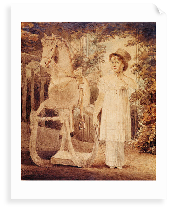 Horatia Nelson in top hat, dress and pantaloons with a rocking horse by unknown