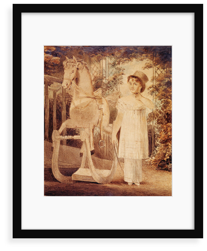 Horatia Nelson in top hat, dress and pantaloons with a rocking horse by unknown