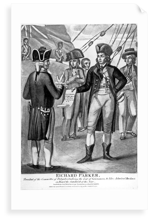 Richard Parker, President of the Committee of Delegates, tendering the list of grievances to Vice Admiral Buckner, on board the 'Sandwich' at the Nore by unknown