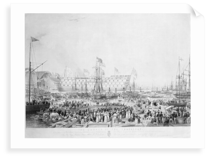The Launch of the Trafalgar, in the presence of Her Most Gracious Majesty Queen Victoria and His Royal Highness Prince Albert, at H.M.Dock Yard, Woolwich... by William Ranwell