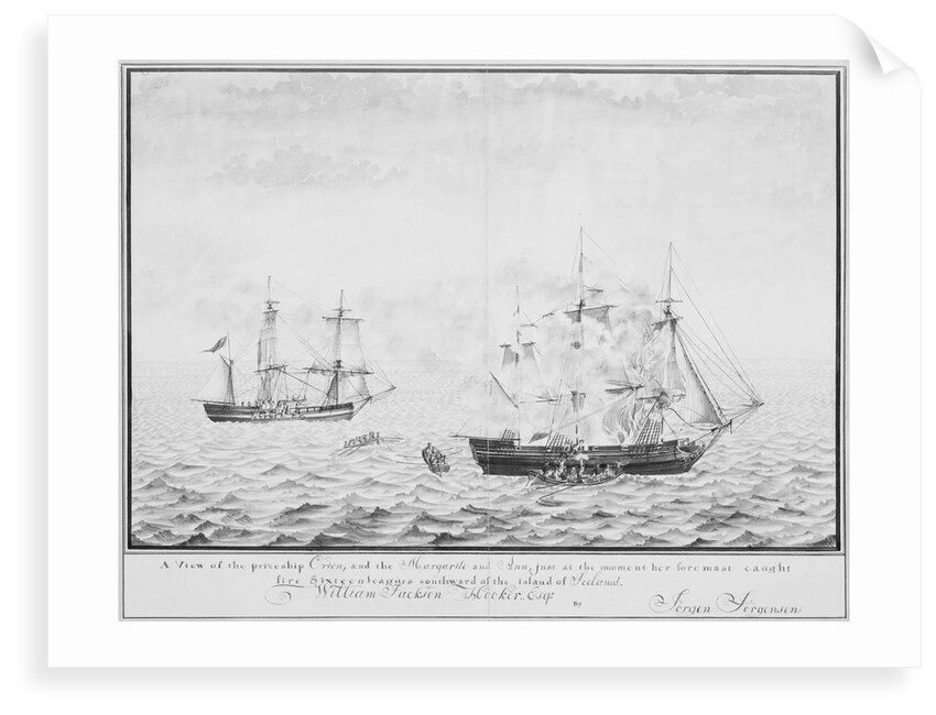 A view of the prize ship 'Orion' and the 'Margarite' and 'Ann' just at the moment her foremast caught fire xixteen leagues southward of the island of Iceland, circa 1808 by Jorgen Jorgensen