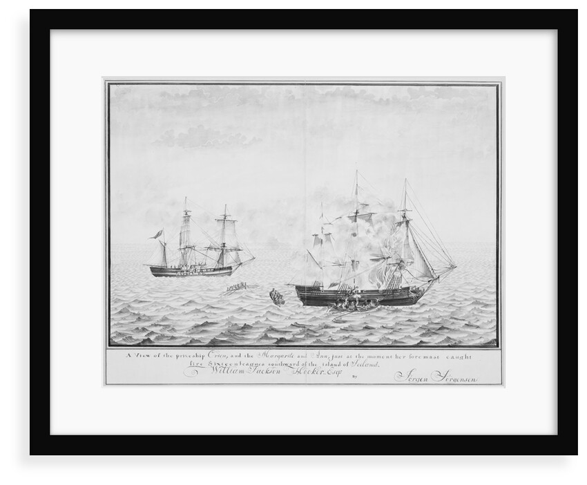 A view of the prize ship 'Orion' and the 'Margarite' and 'Ann' just at the moment her foremast caught fire xixteen leagues southward of the island of Iceland, circa 1808 by Jorgen Jorgensen