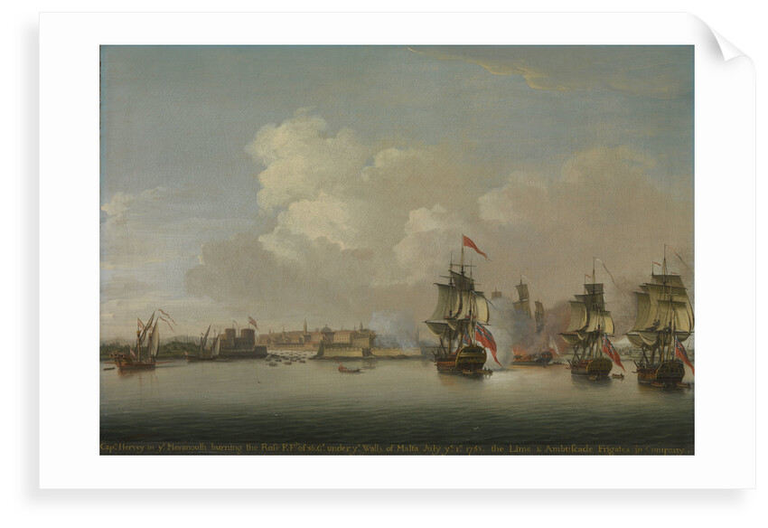 HMS 'Monmouth' burning the French frigate 'Rose', 1 July 1758 by Dominic Serres the Elder