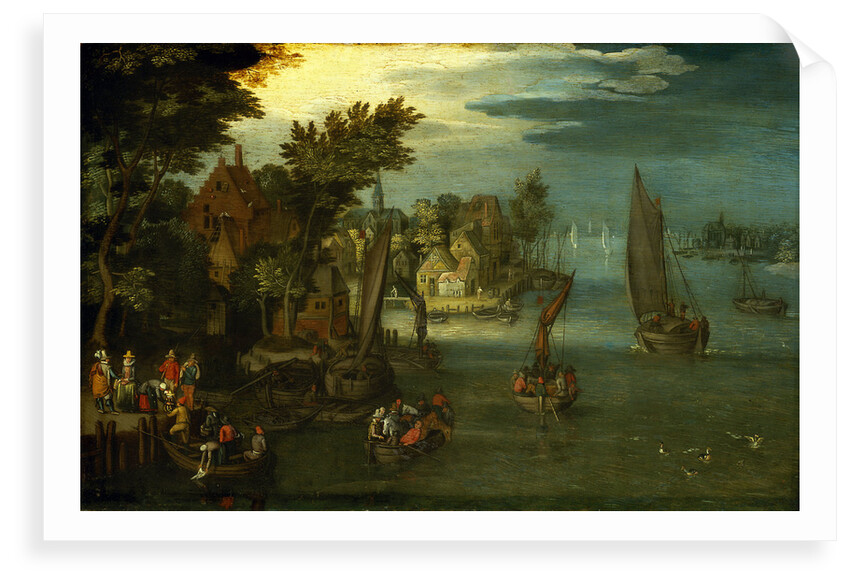 A busy river scene with Dutch vessels and a ferry by Jan Brueghel the Elder