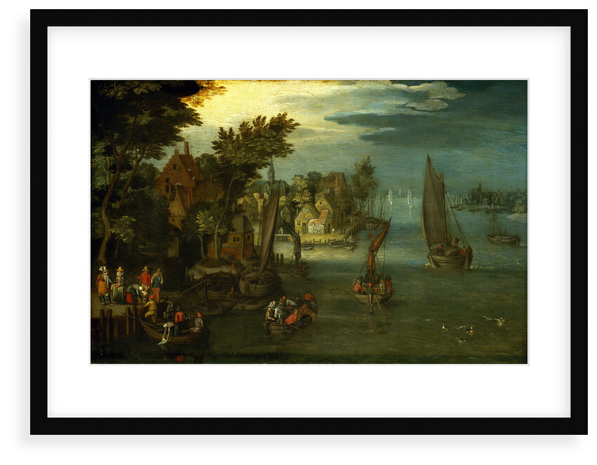 A busy river scene with Dutch vessels and a ferry by Jan Brueghel the Elder