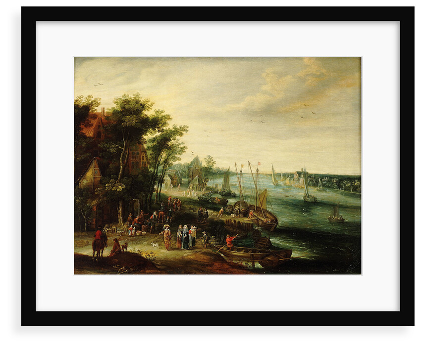A landscape with a village on the bank of a river by Jan Err:520 Brueghel the Elder