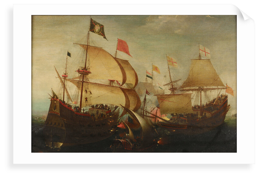 An English and a Dutch ship attacking a Spaniard by Aert Anthonisz