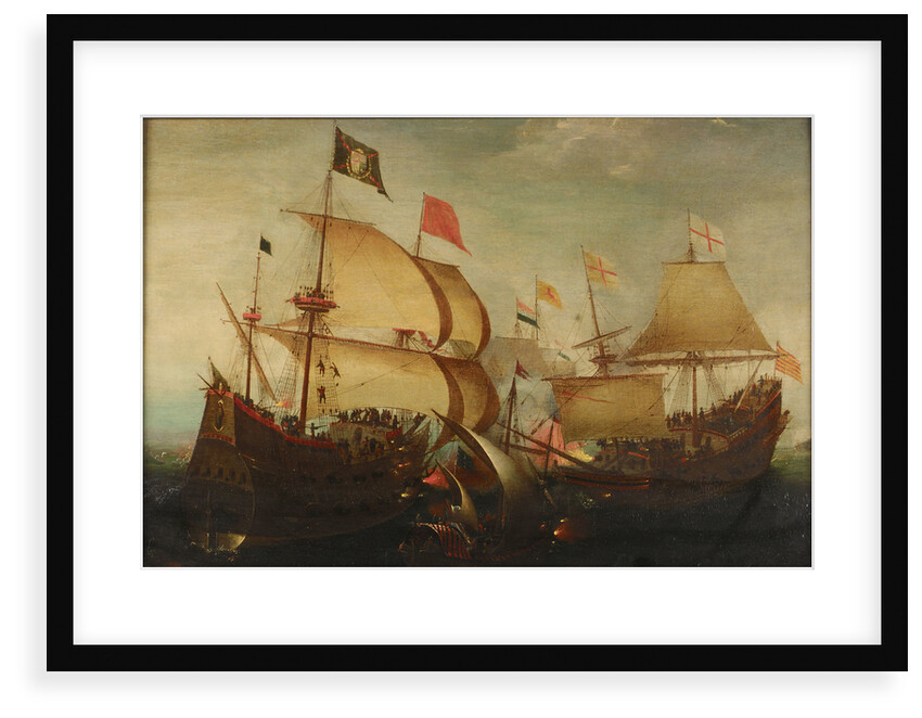 An English and a Dutch ship attacking a Spaniard by Aert Anthonisz