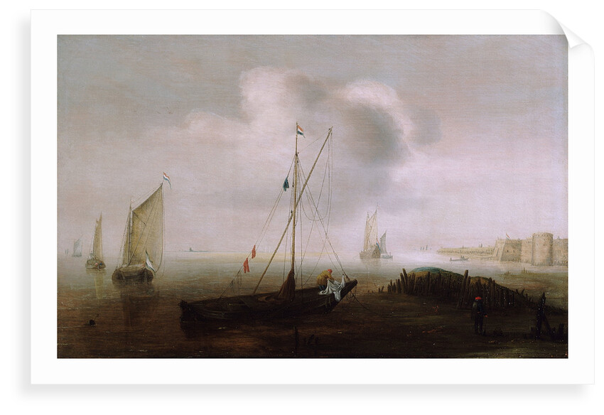 A fishing boat with sail lowered near the shore by Hans Goderis