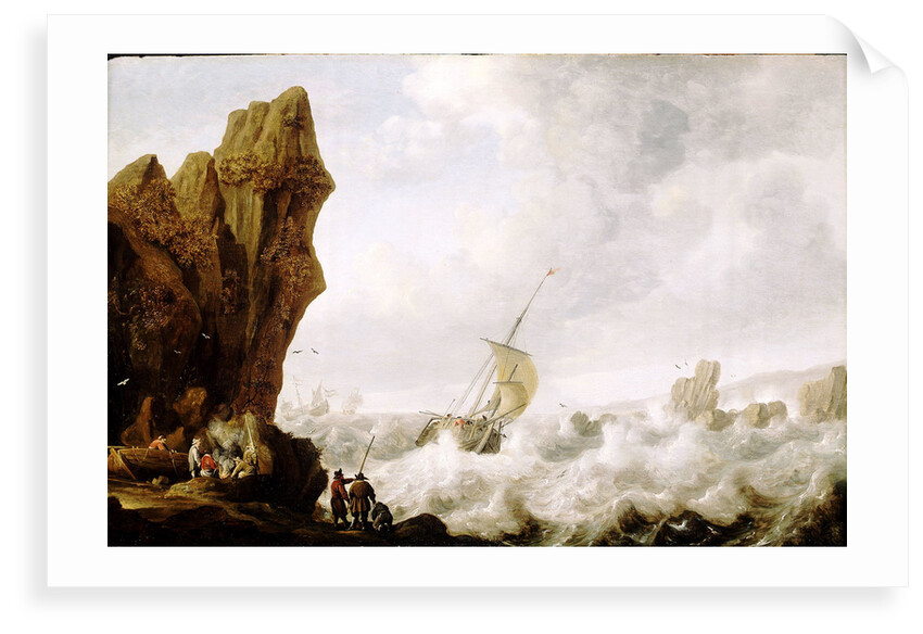 A fishing boat in rough sea off a rocky shore by Julius Porcellis