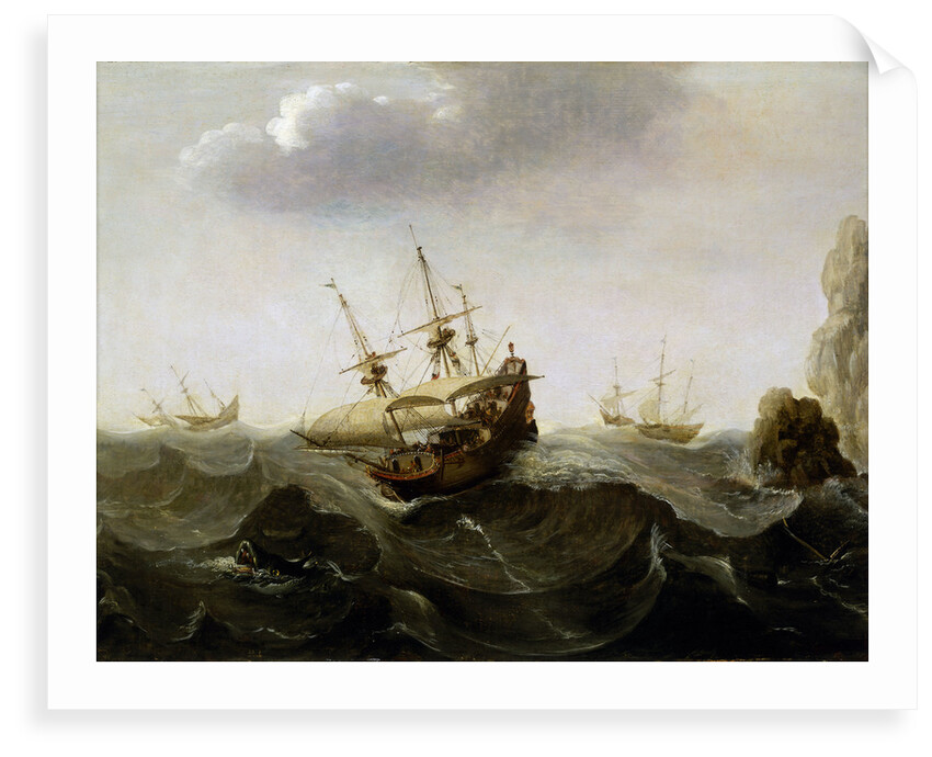 A ship in a rough sea by Cornelisz Verbeecq