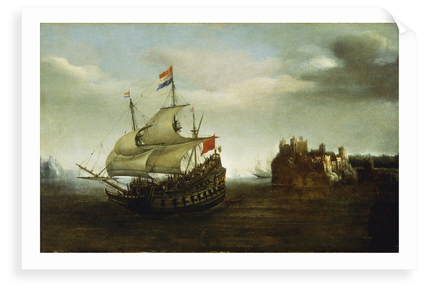 A castle with a Dutch ship sailing nearby by Hendrick Cornelisz Vroom