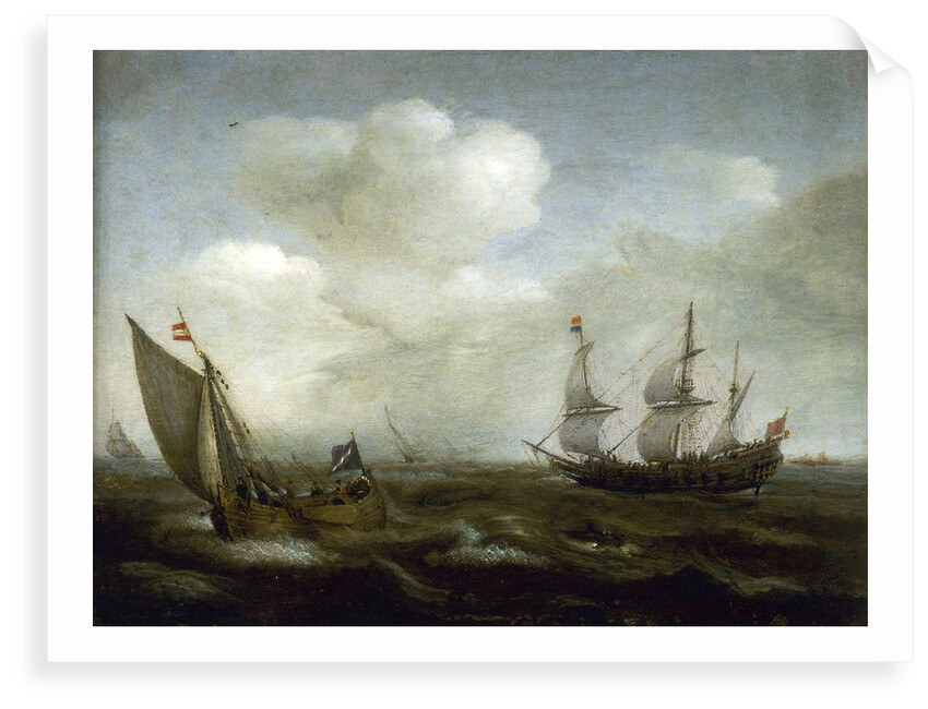 A Dutch ship and fishing boat in a fresh breeze by Hendrick Cornelisz Vroom