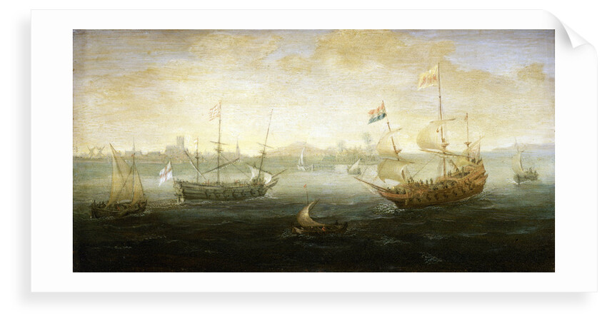 A Dutch and English ship off a harbour by Abraham de Verwer