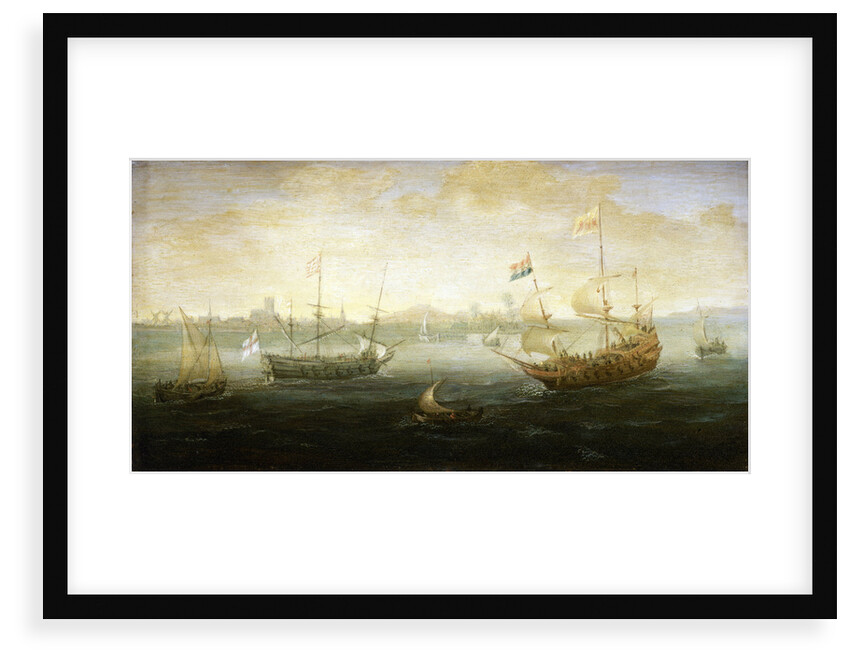 A Dutch and English ship off a harbour by Abraham de Verwer