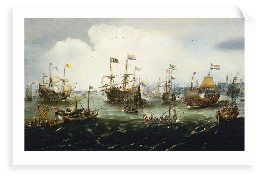 The return of the Dutch East India Fleet, 1 May 1599, the 'Hollandia', 'Mauritius', 'Amsterdam' and 'Duykfen' in harbour by Andries van Eertvelt