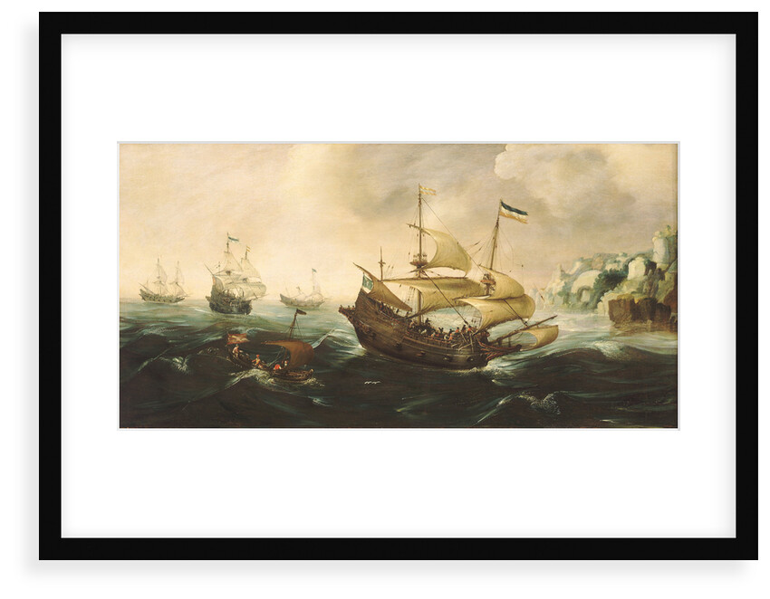 Dutch ships running down onto a rocky shore by Andries van Eertvelt